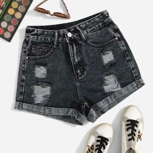 High-waisted distressed charcoal shorts